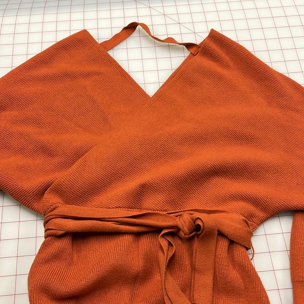 CHERFLY Dolman SLV Faux Wrap Backless Bodycon/Glam Belt Caramel Sweater Dress S - Picture 8 of 16